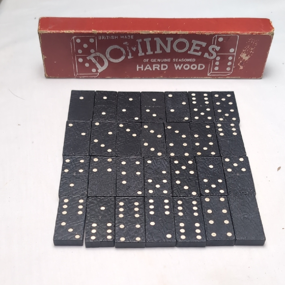 Vintage Dominoes British Made Genuine Hard Wood Black Tiles w/ white dots